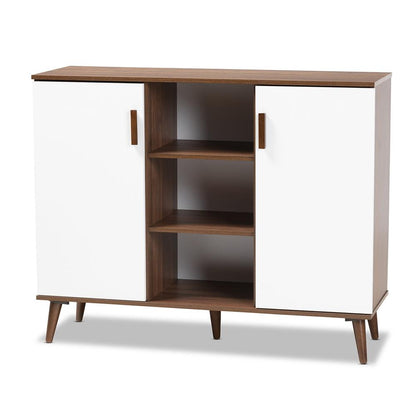 BAXTON STUDIO QUINN MID-CENTURY MODERN TWO-TONE WHITE AND WALNUT FINISHED 2-DOOR WOOD DINING ROOM SIDEBOARD