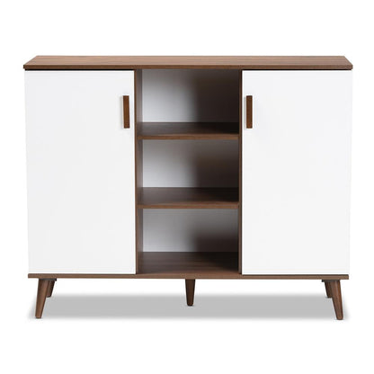 BAXTON STUDIO QUINN MID-CENTURY MODERN TWO-TONE WHITE AND WALNUT FINISHED 2-DOOR WOOD DINING ROOM SIDEBOARD