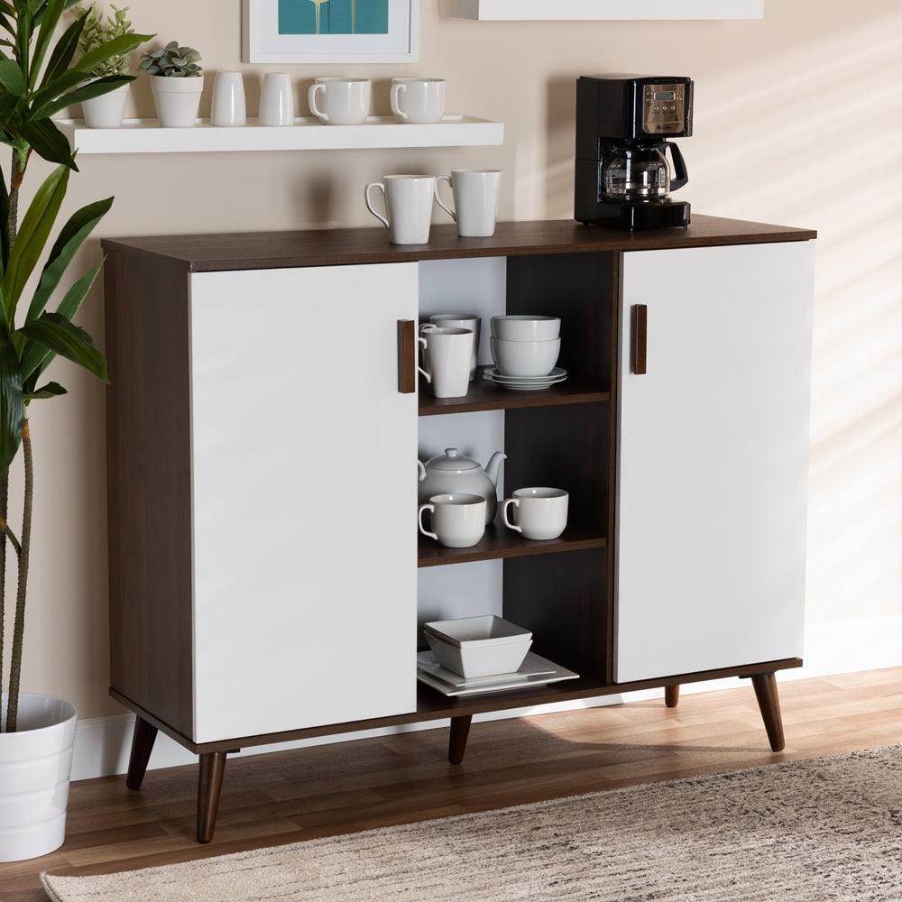 BAXTON STUDIO QUINN MID-CENTURY MODERN TWO-TONE WHITE AND WALNUT FINISHED 2-DOOR WOOD DINING ROOM SIDEBOARD