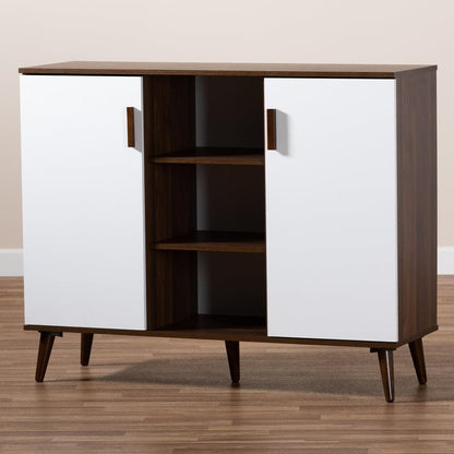 BAXTON STUDIO QUINN MID-CENTURY MODERN TWO-TONE WHITE AND WALNUT FINISHED 2-DOOR WOOD DINING ROOM SIDEBOARD