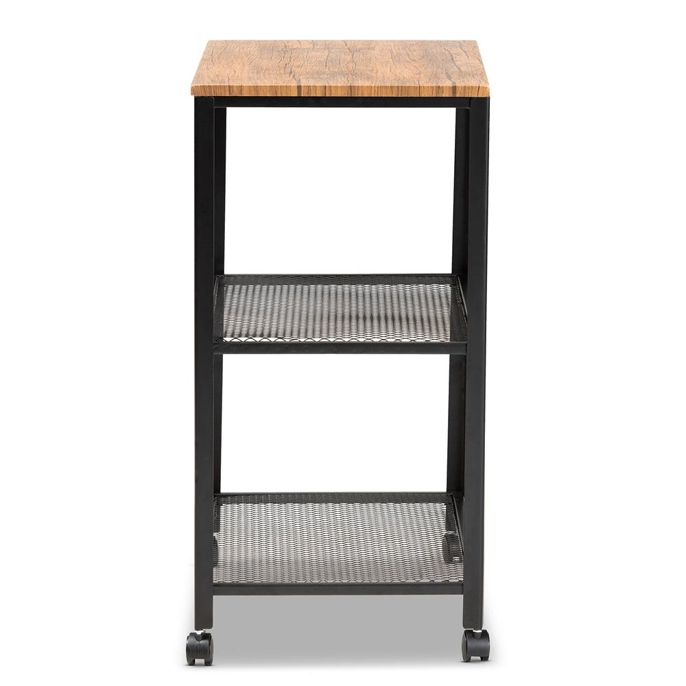 BAXTON STUDIO VERNA VINTAGE RUSTIC INDUSTRIAL BLACK FINISHED METAL AND OAK BROWN FINISHED WOOD KITCHEN SERVING CART