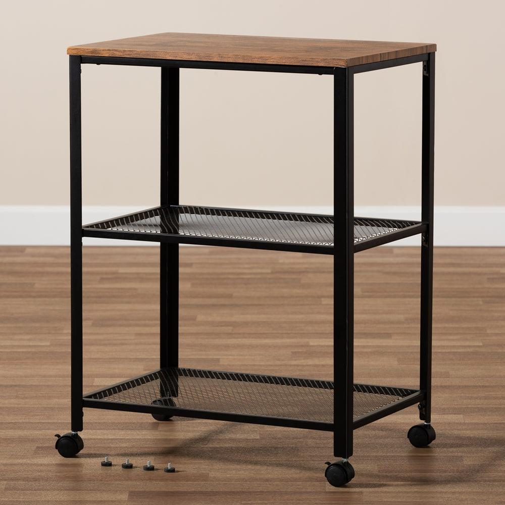 BAXTON STUDIO VERNA VINTAGE RUSTIC INDUSTRIAL BLACK FINISHED METAL AND OAK BROWN FINISHED WOOD KITCHEN SERVING CART