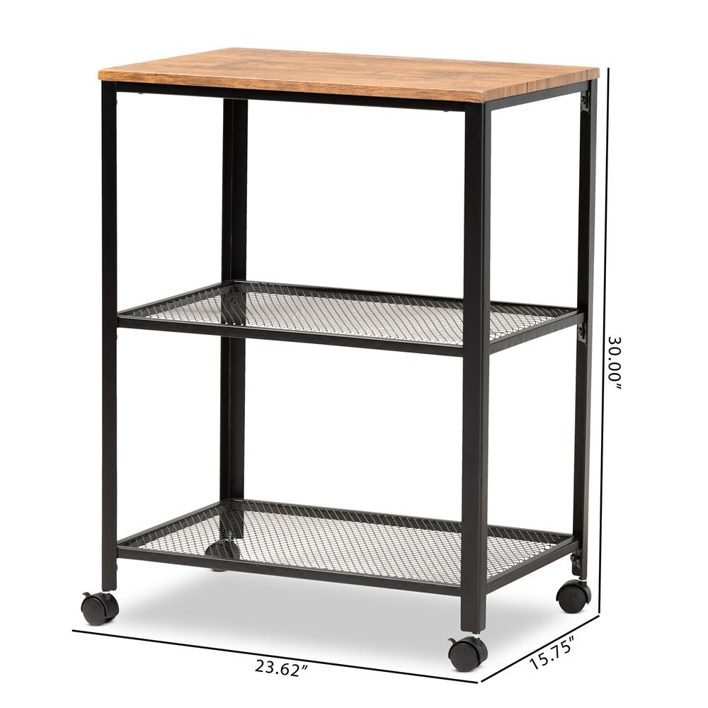 BAXTON STUDIO VERNA VINTAGE RUSTIC INDUSTRIAL BLACK FINISHED METAL AND OAK BROWN FINISHED WOOD KITCHEN SERVING CART