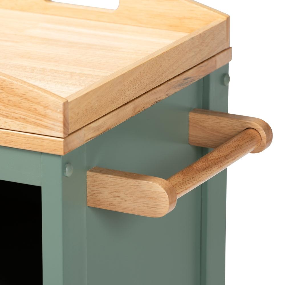 BAXTON STUDIO DORTHY COASTAL AND FARMHOUSE TWO-TONE DARK GREEN AND NATURAL WOOD KITCHEN STORAGE CART