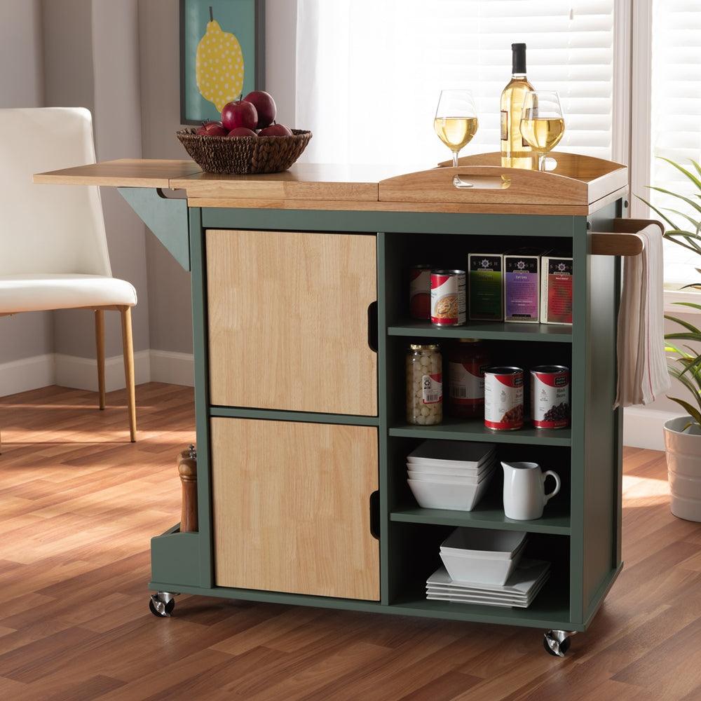 BAXTON STUDIO DORTHY COASTAL AND FARMHOUSE TWO-TONE DARK GREEN AND NATURAL WOOD KITCHEN STORAGE CART