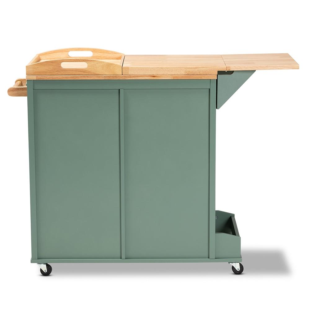 BAXTON STUDIO DORTHY COASTAL AND FARMHOUSE TWO-TONE DARK GREEN AND NATURAL WOOD KITCHEN STORAGE CART