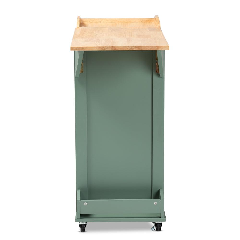 BAXTON STUDIO DORTHY COASTAL AND FARMHOUSE TWO-TONE DARK GREEN AND NATURAL WOOD KITCHEN STORAGE CART