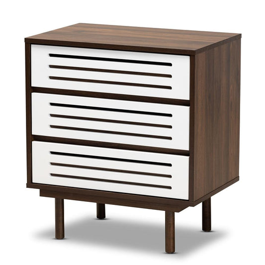 BAXTON STUDIO MEIKE MID-CENTURY MODERN TWO-TONE WALNUT BROWN AND WHITE FINISHED WOOD 3-DRAWER NIGHTSTAND