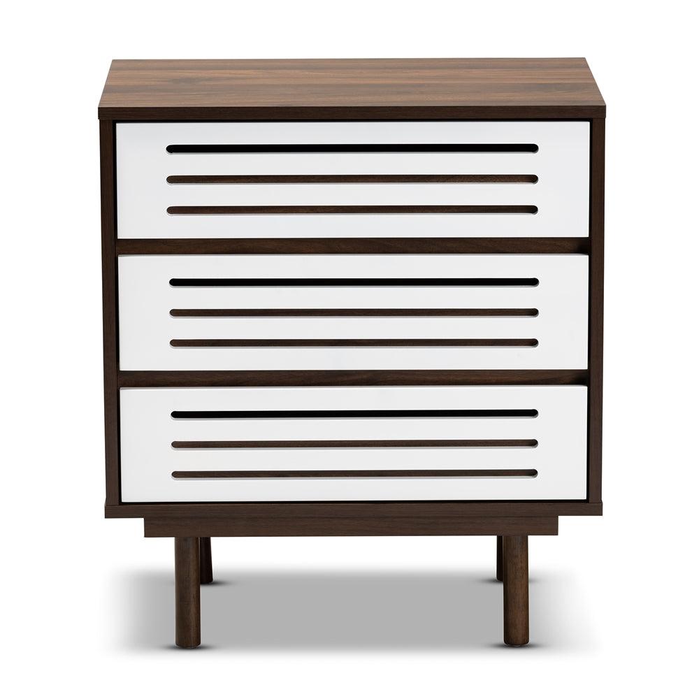 BAXTON STUDIO MEIKE MID-CENTURY MODERN TWO-TONE WALNUT BROWN AND WHITE FINISHED WOOD 3-DRAWER NIGHTSTAND