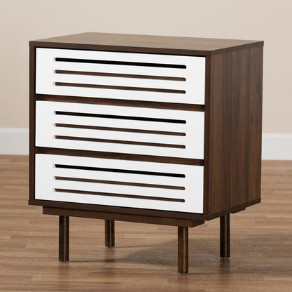 BAXTON STUDIO MEIKE MID-CENTURY MODERN TWO-TONE WALNUT BROWN AND WHITE FINISHED WOOD 3-DRAWER NIGHTSTAND