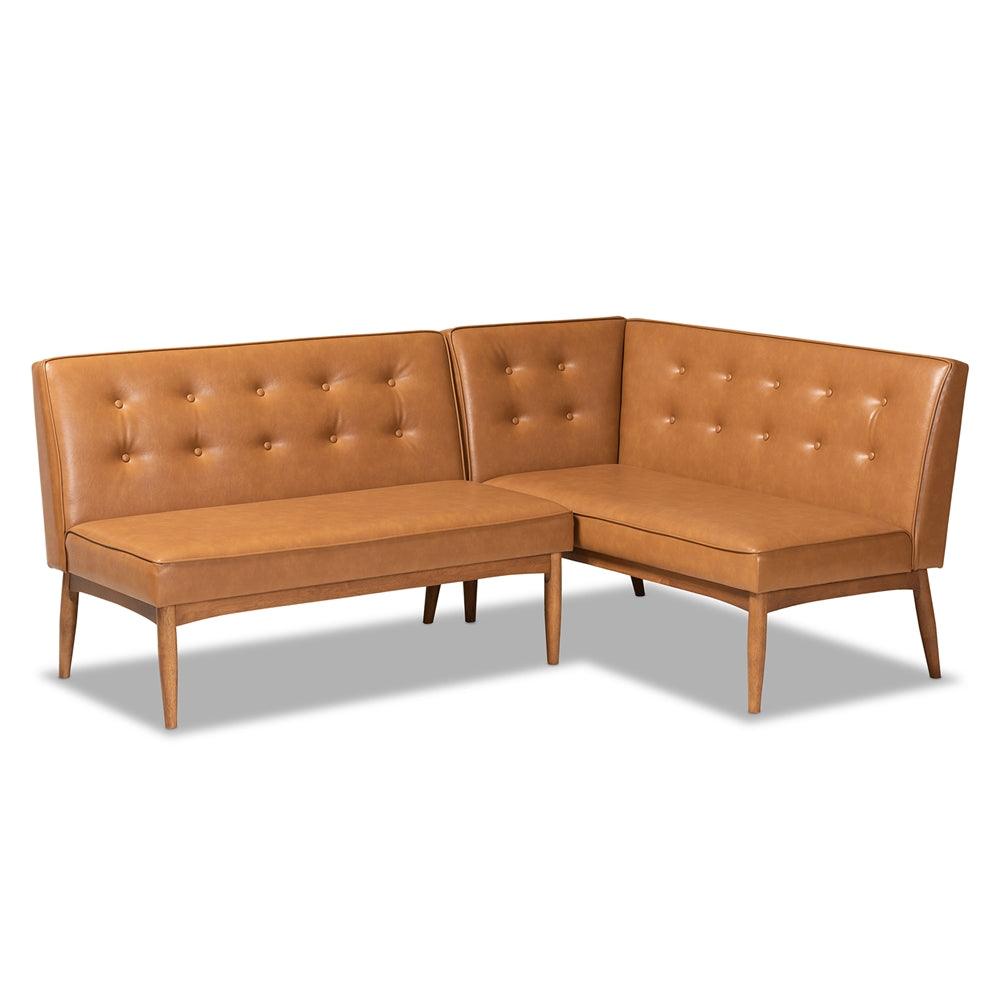 BAXTON STUDIO ARVID MID-CENTURY MODERN TAN FAUX LEATHER UPHOLSTERED AND WALNUT BROWN FINISHED WOOD 2-PIECE DINING CORNER SOFA BENCH