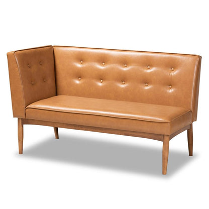 BAXTON STUDIO ARVID MID-CENTURY MODERN TAN FAUX LEATHER UPHOLSTERED AND WALNUT BROWN FINISHED WOOD 2-PIECE DINING CORNER SOFA BENCH