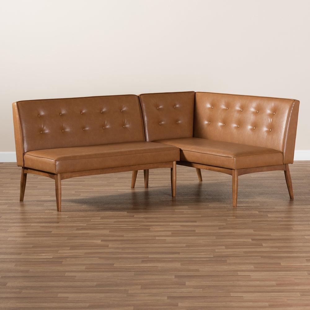 BAXTON STUDIO ARVID MID-CENTURY MODERN TAN FAUX LEATHER UPHOLSTERED AND WALNUT BROWN FINISHED WOOD 2-PIECE DINING CORNER SOFA BENCH