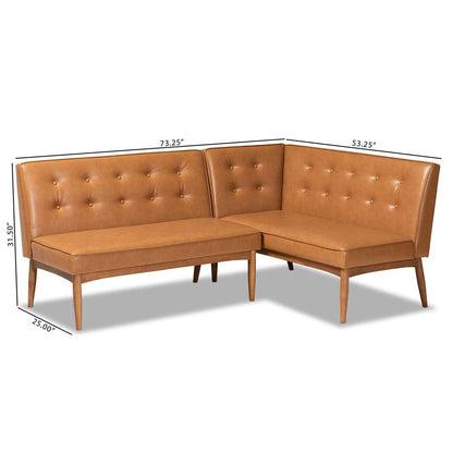 BAXTON STUDIO ARVID MID-CENTURY MODERN TAN FAUX LEATHER UPHOLSTERED AND WALNUT BROWN FINISHED WOOD 2-PIECE DINING CORNER SOFA BENCH