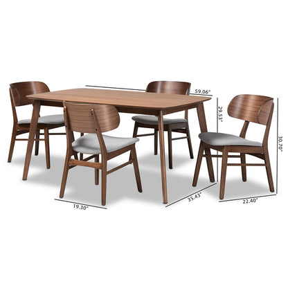 BAXTON STUDIO ALSTON MID-CENTURY MODERN GREY FABRIC UPHOLSTERED AND WALNUT BROWN FINISHED WOOD 5-PIECE DINING SET