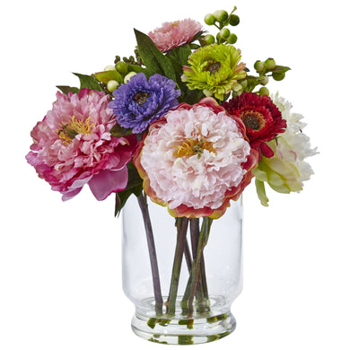 Peony and Mum in Glass Vase