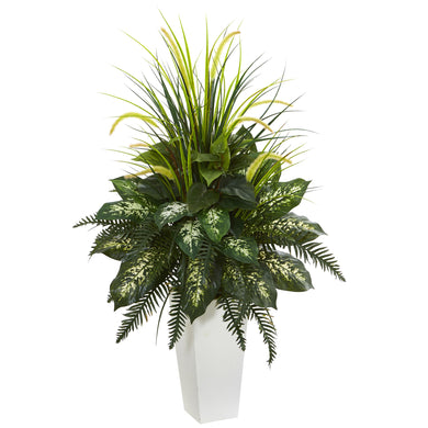 Mixed River Fern and Dogtail Artificial Plant in White Tower Planter