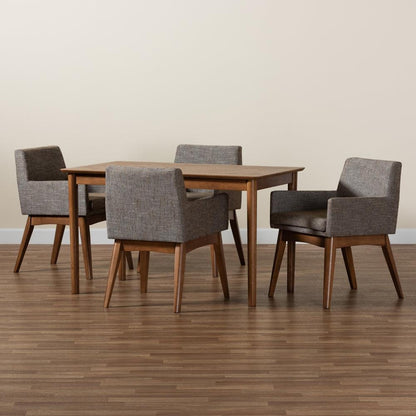 BAXTON STUDIO DORINA MID-CENTURY MODERN GRAVEL FABRIC UPHOLSTERED AND WALNUT BROWN FINISHED WOOD 5-PIECE DINING SET