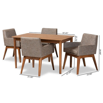 BAXTON STUDIO DORINA MID-CENTURY MODERN GRAVEL FABRIC UPHOLSTERED AND WALNUT BROWN FINISHED WOOD 5-PIECE DINING SET