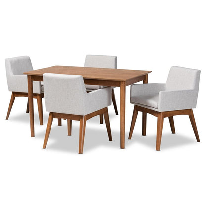 BAXTON STUDIO DORINA MID-CENTURY MODERN GREYISH BEIGE FABRIC UPHOLSTERED AND WALNUT BROWN FINISHED WOOD 5-PIECE DINING SET