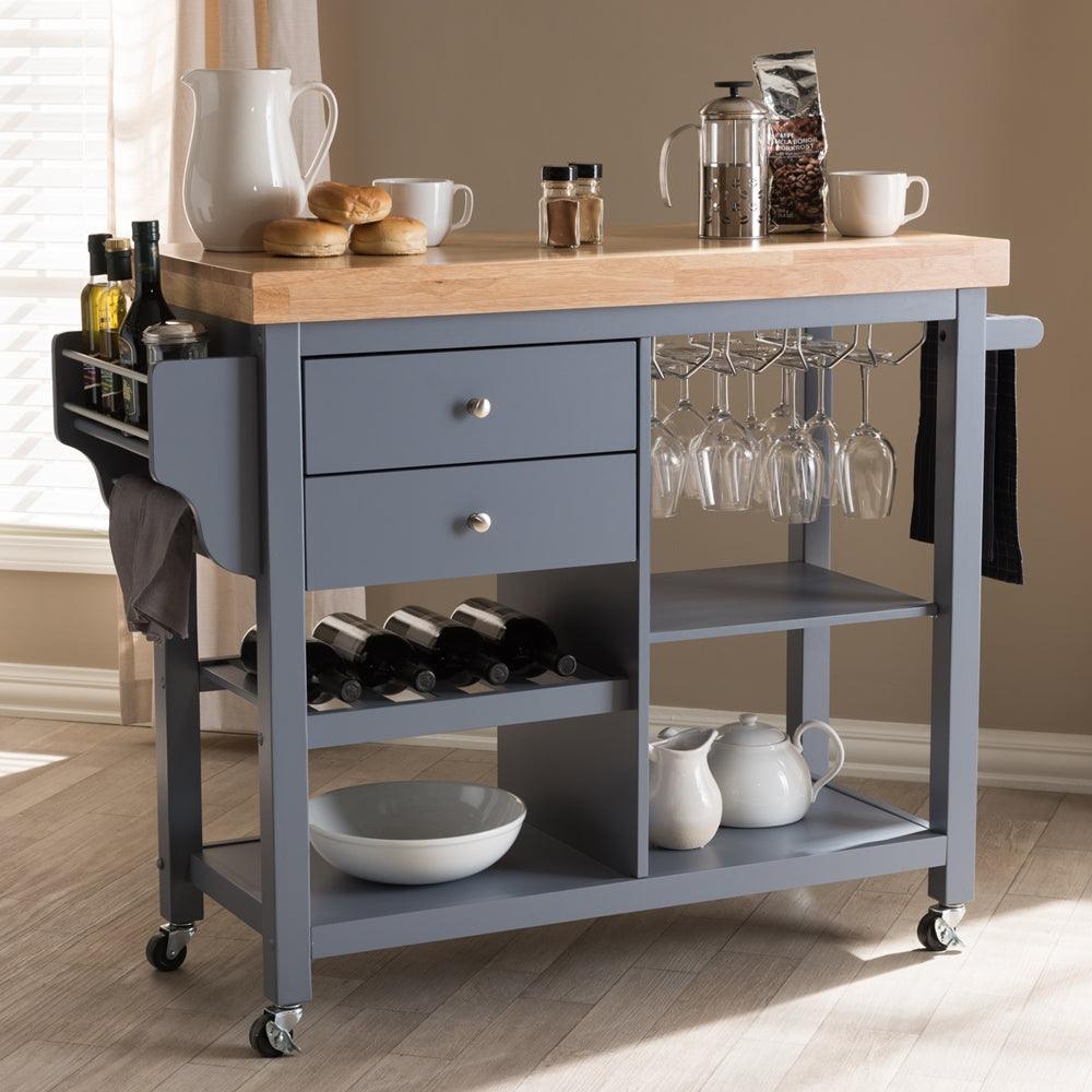 BAXTON STUDIO SUNDERLAND COASTAL AND FARMHOUSE GREY WOOD KITCHEN CART