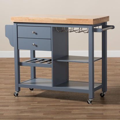 BAXTON STUDIO SUNDERLAND COASTAL AND FARMHOUSE GREY WOOD KITCHEN CART