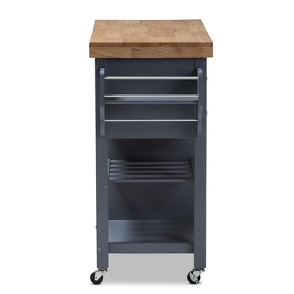 BAXTON STUDIO SUNDERLAND COASTAL AND FARMHOUSE GREY WOOD KITCHEN CART