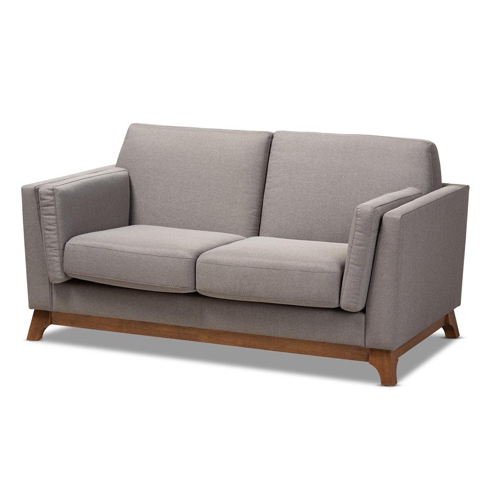 BAXTON STUDIO SAVA MID-CENTURY MODERN GREY FABRIC UPHOLSTERED WALNUT WOOD 2-SEATER LOVESEAT