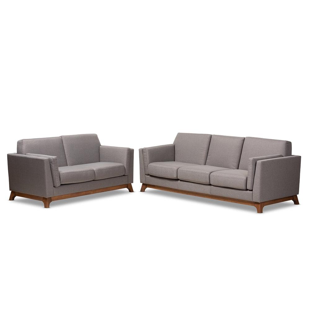 BAXTON STUDIO SAVA MID-CENTURY MODERN GREY FABRIC UPHOLSTERED WALNUT WOOD 2-PIECE LIVING ROOM SET