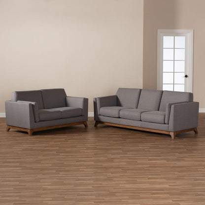 BAXTON STUDIO SAVA MID-CENTURY MODERN GREY FABRIC UPHOLSTERED WALNUT WOOD 2-PIECE LIVING ROOM SET