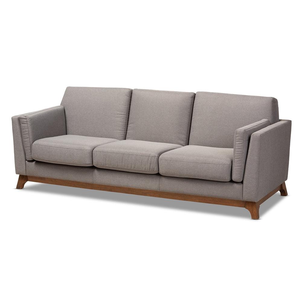 BAXTON STUDIO SAVA MID-CENTURY MODERN GREY FABRIC UPHOLSTERED WALNUT WOOD 3-SEATER SOFA