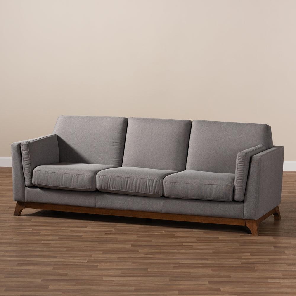 BAXTON STUDIO SAVA MID-CENTURY MODERN GREY FABRIC UPHOLSTERED WALNUT WOOD 3-SEATER SOFA