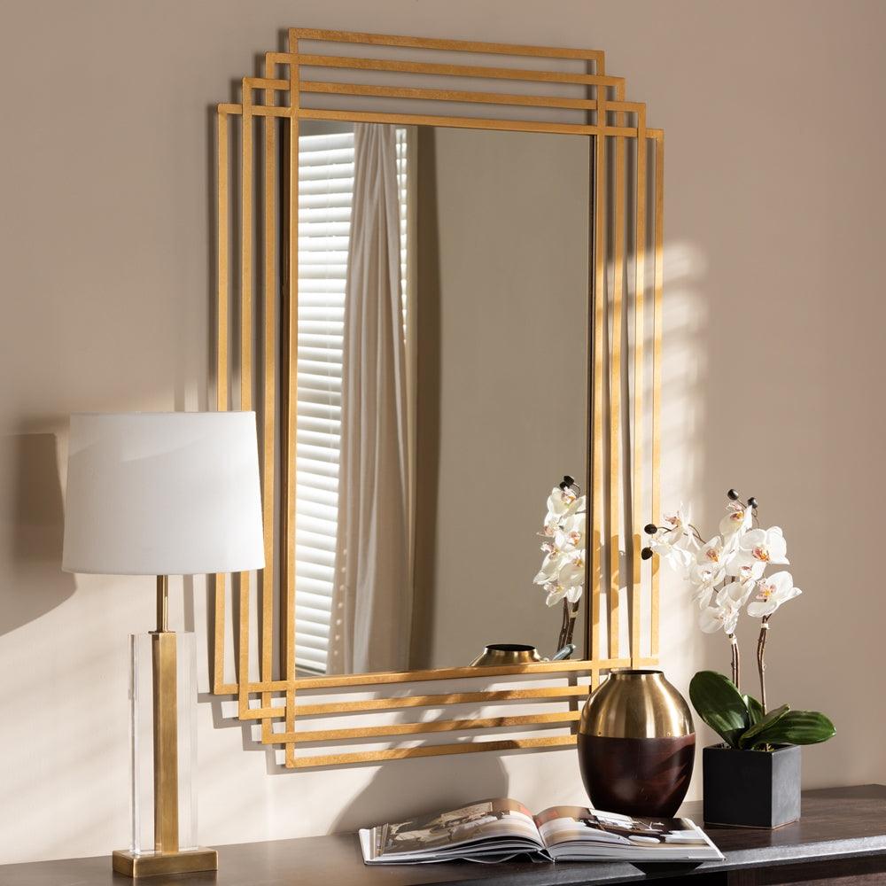 BAXTON STUDIO KALINDA ART DECO ANTIQUE GOLD FINISHED RECTANGULAR ACCENT WALL MIRROR