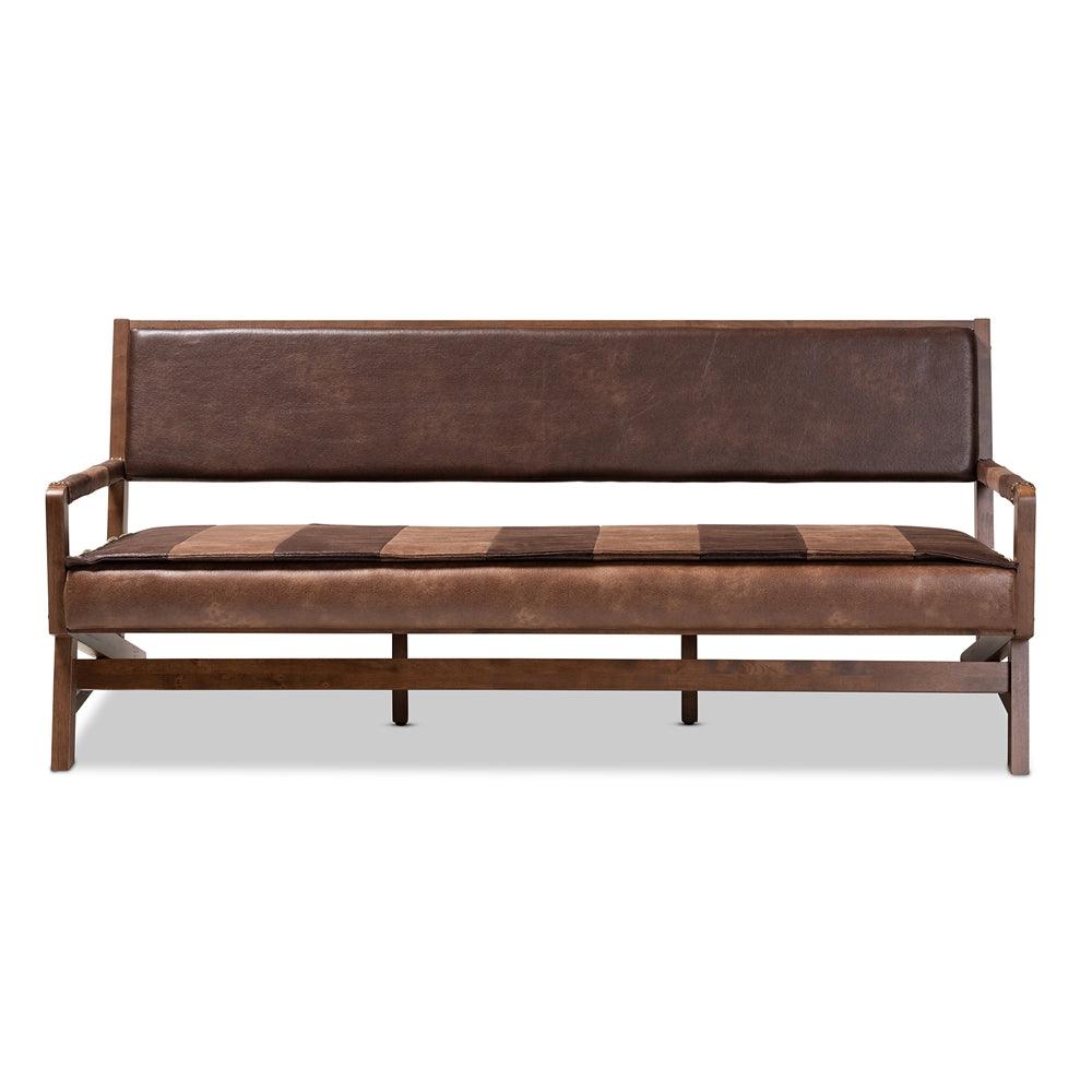 BAXTON STUDIO ROVELYN RUSTIC BROWN FAUX LEATHER UPHOLSTERED WALNUT FINISHED WOOD SOFA