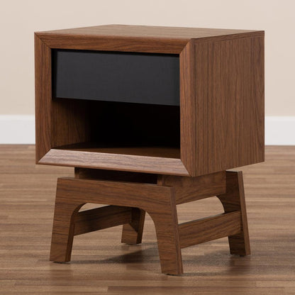 BAXTON STUDIO SVANTE MID-CENTURY MODERN WALNUT BROWN AND DARK GRAY FINISHED WOOD 1-DRAWER NIGHTSTAND