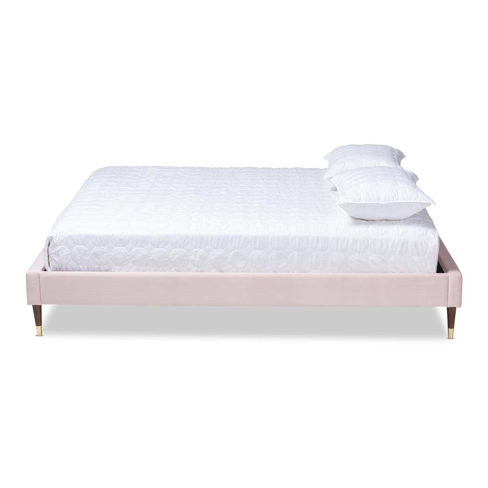 BAXTON STUDIO VOLDEN GLAM AND LUXE LIGHT PINK VELVET FABRIC UPHOLSTERED KING SIZE WOOD PLATFORM BED FRAME WITH GOLD-TONE LEG TIPS