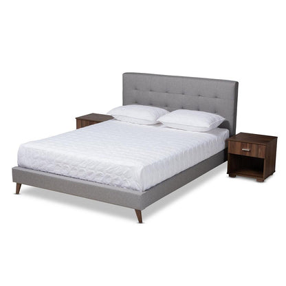 BAXTON STUDIO MAREN MID-CENTURY MODERN LIGHT GREY FABRIC UPHOLSTERED QUEEN SIZE PLATFORM BED WITH TWO NIGHTSTANDS