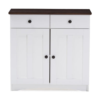 BAXTON STUDIO LAUREN MODERN AND CONTEMPORARY TWO-TONE WHITE AND DARK BROWN BUFFET KITCHEN CABINET WITH TWO DOORS AND TWO DRAWERS