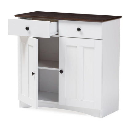 BAXTON STUDIO LAUREN MODERN AND CONTEMPORARY TWO-TONE WHITE AND DARK BROWN BUFFET KITCHEN CABINET WITH TWO DOORS AND TWO DRAWERS