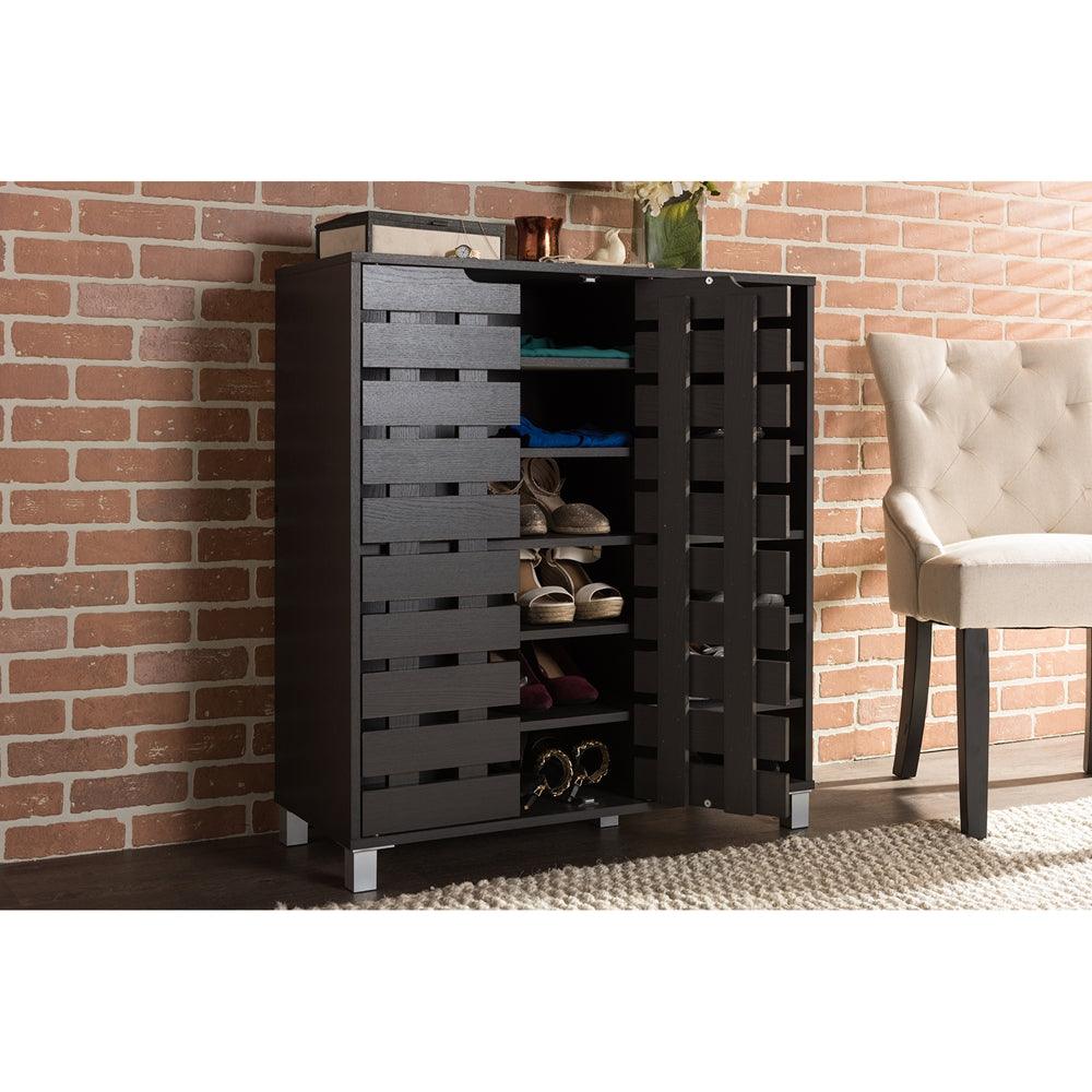 BAXTON STUDIO SHIRLEY MODERN AND CONTEMPORARY DARK BROWN WOOD 2-DOOR SHOE CABINET WITH OPEN SHELVES