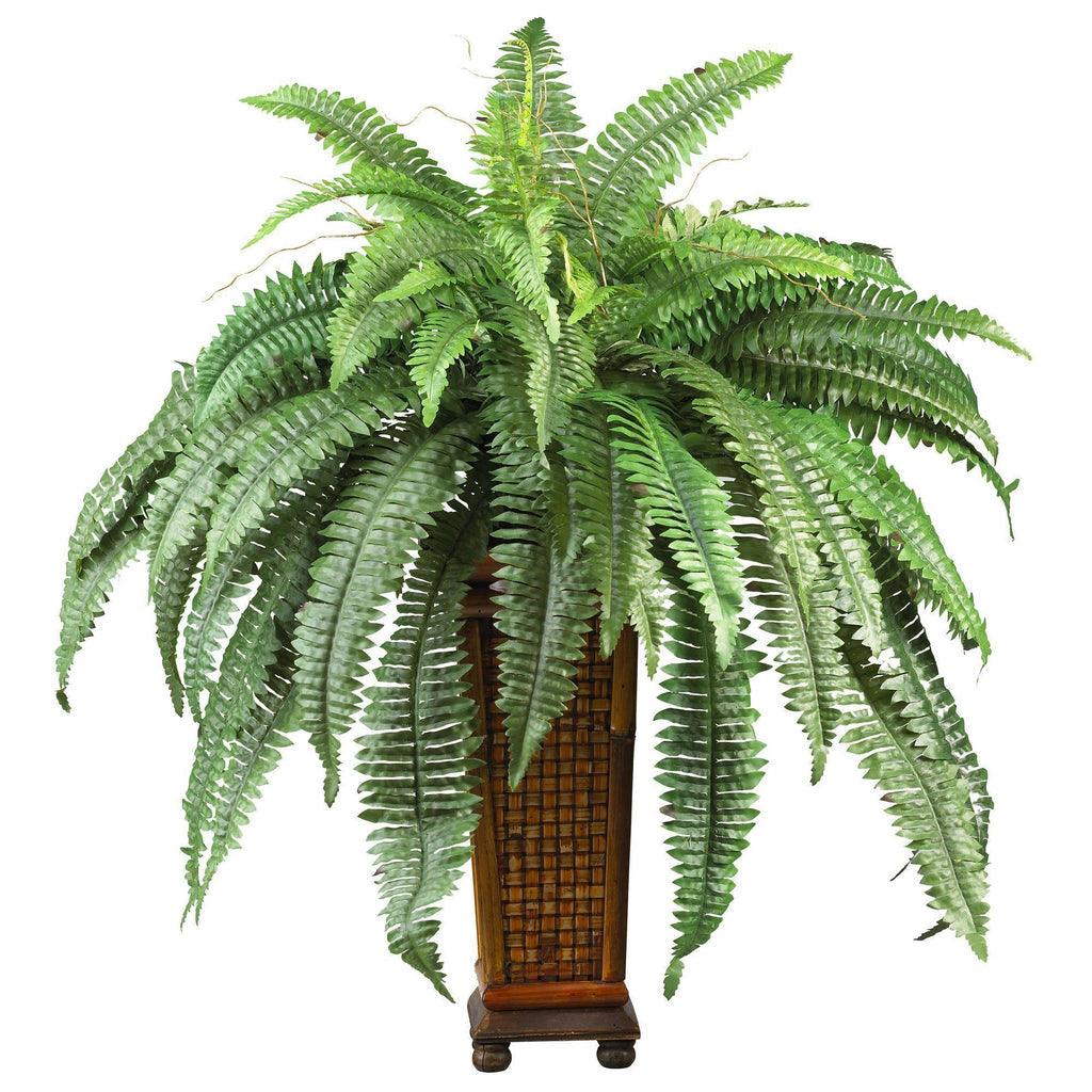 Boston Fern w/Decorative Wood Vase Silk Plant