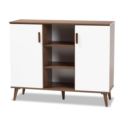BAXTON STUDIO QUINN MID-CENTURY MODERN TWO-TONE WHITE AND WALNUT FINISHED 2-DOOR WOOD DINING ROOM SIDEBOARD - zzhomelifestyle
