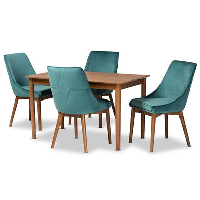 BAXTON STUDIO GILMORE MODERN AND CONTEMPORARY TEAL VELVET FABRIC UPHOLSTERED AND WALNUT BROWN FINISHED WOOD 5-PIECE DINING SET - zzhomelifestyle