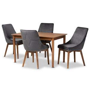 BAXTON STUDIO GILMORE MODERN AND CONTEMPORARY GREY VELVET FABRIC UPHOLSTERED AND WALNUT BROWN FINISHED WOOD 5-PIECE DINING SET - zzhomelifestyle