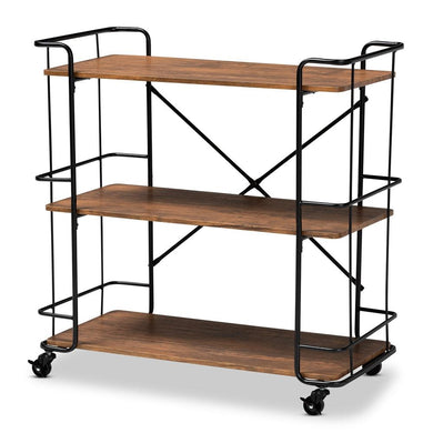 BAXTON STUDIO NEAL RUSTIC INDUSTRIAL STYLE BLACK METAL AND WALNUT FINISHED WOOD BAR AND KITCHEN SERVING CART - zzhomelifestyle