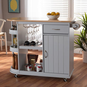 BAXTON STUDIO DONNIE COASTAL AND FARMHOUSE TWO-TONE LIGHT GREY AND NATURAL FINISHED WOOD KITCHEN STORAGE CART - zzhomelifestyle