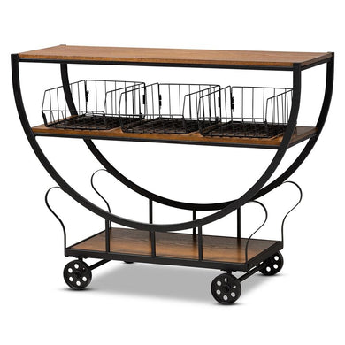 BAXTON STUDIO FRIEDA RUSTIC AND INDUSTRIAL FARMHOUSE WALNUT BROWN FINISHED WOOD AND BLACK FINISHED METAL CONSOLE CART - zzhomelifestyle