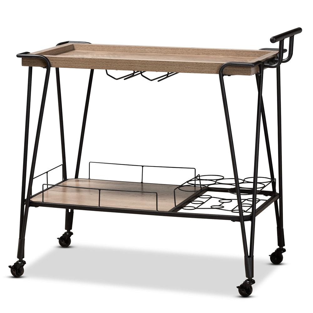 BAXTON STUDIO PERILLA MODERN RUSTIC AND INDUSTRIAL OAK BROWN FINISHED WOOD AND BLACK FINISHED METAL 2-TIER WINE SERVING CART - zzhomelifestyle