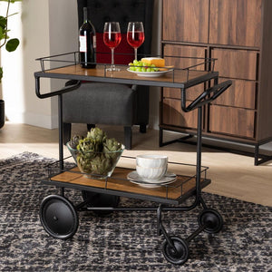 BAXTON STUDIO POTTER MODERN RUSTIC AND INDUSTRIAL WALNUT BROWN FINISHED WOOD AND BLACK FINISHED METAL 2-TIER WINE SERVING CART - zzhomelifestyle