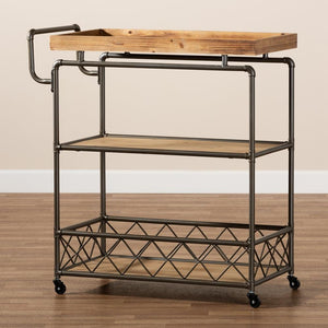 BAXTON STUDIO AMADO RUSTIC INDUSTRIAL FARMHOUSE OAK BROWN FINISHED WOOD AND BLACK METAL 3-TIER MOBILE KITCHEN CART - zzhomelifestyle